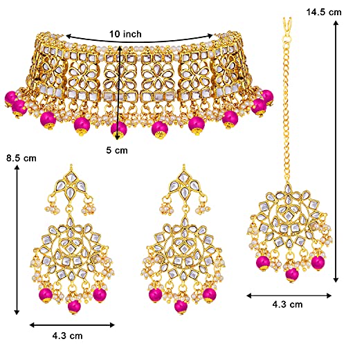 Image of Aheli Elegant Indian Faux Kundan Studded Choker Necklace with Maang Tikka Set Ethnic Wedding Wear Bharatanatyam jewellery set Gift for Women