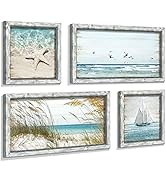 Beach Framed Wooden Pictures Wall Art: Coastal Art Set of 4 Seascape Prints Starfish Pictures Oce...