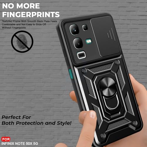 Image of AESTMO Tough Armor Infinix Note 50X 5G Bumper Back Case Cover | Ring Holder & Sliding Camera Shield Cover | 360 Degree Protection Back Case Cover for Infinix Note 50X 5G (Black)