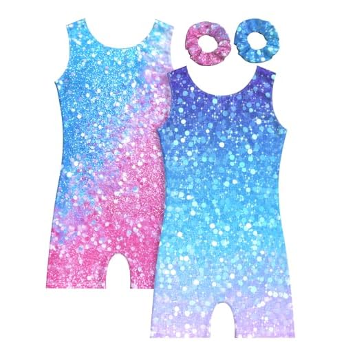 MOLLDAN Gymnastics Leotard for Girls Dance Biketard Unitards 2 Pack Tumbling Outfits for Kids 2pcs Blue & Pink Diamond 5Y(4-5T)