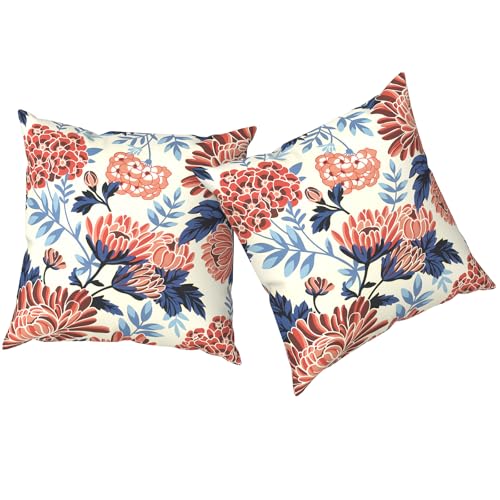 TWLEAR Outdoor Pillows with Insert 18x18 Inch, Waterproof Throw Pillow for Patio Furniture, Decorative Back Cushion for Garden Home Sofa Office Chair, Set of 2, Red Chrysanthemum