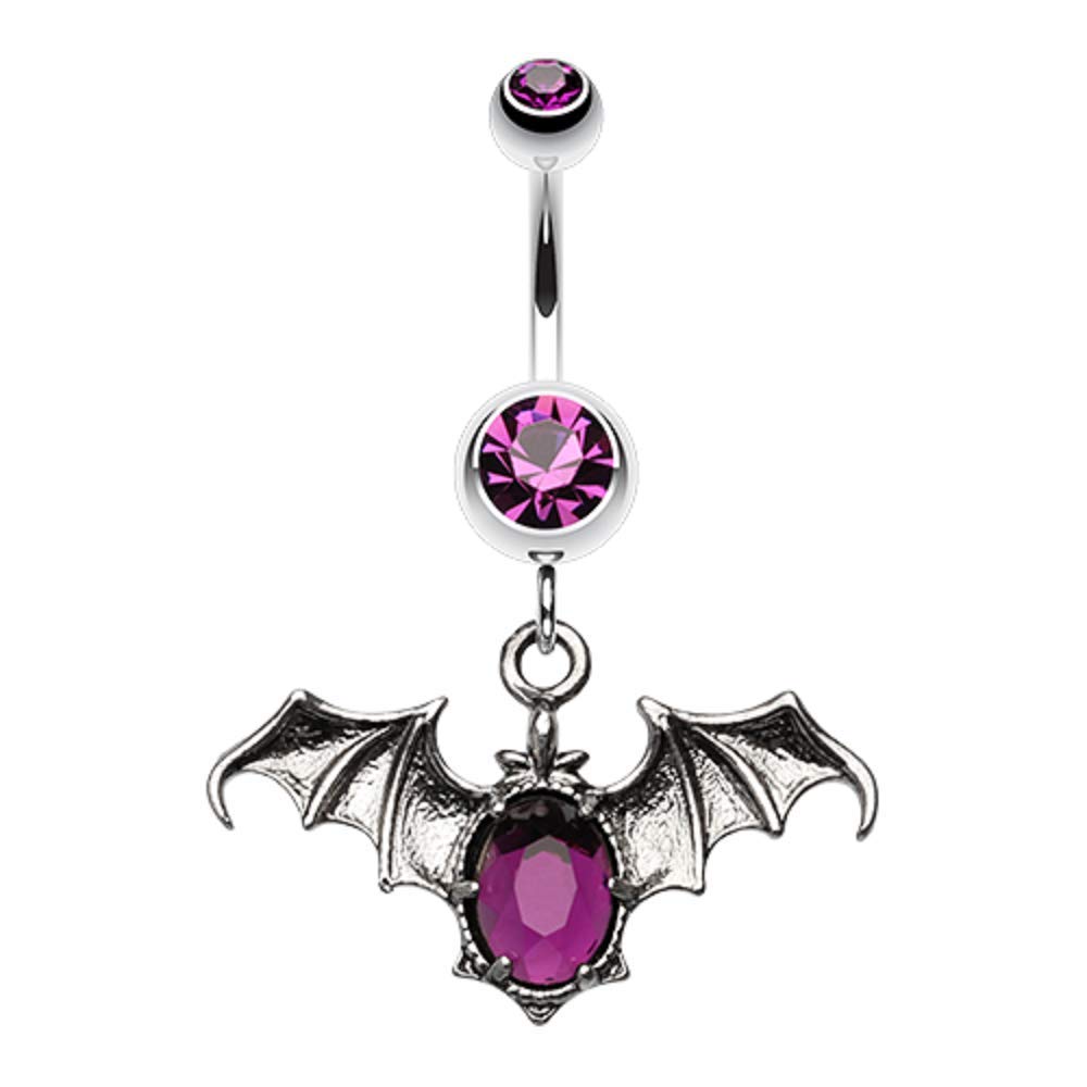 14GA Gothic Zombie Vampire Bat with CZ Body Dangle Stainless Steel Navel Belly Button Ring