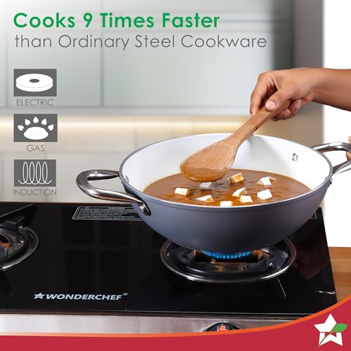 Image of Wonderchef Eco-Glide Ceramic Cookware Set, Kadhai & Glass Lid-24cm, Dosa Tawa-28cm, Non-Toxic, Chemical & PFOA Free, Stainless-Steel Handle, Gas /Induction Compatible, Low Oil Cooking, 2-Year Warranty