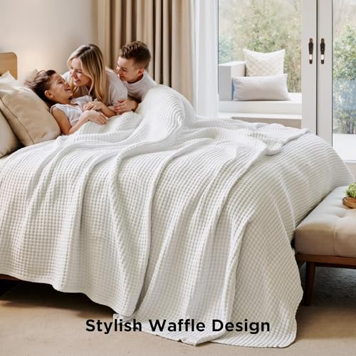 Image of Bedsure Cooling Cotton Waffle Full Size Blanket - Lightweight Breathable Blanket of Rayon Derived from Bamboo for Hot Sleepers, Luxury Throws for Bed, Couch and Sofa, Ivory, 80x90 Inches
