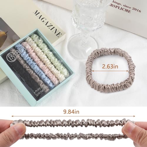 Bessrung 6 PCS Silk Scrunchies, 100% Pure Mulberry Silk Hair Scrunchies for Women, Silk Hair Ties for Girls, Silk Ponytail Holders Hair Accessories, Hair Care No Damage, Christmas Gift