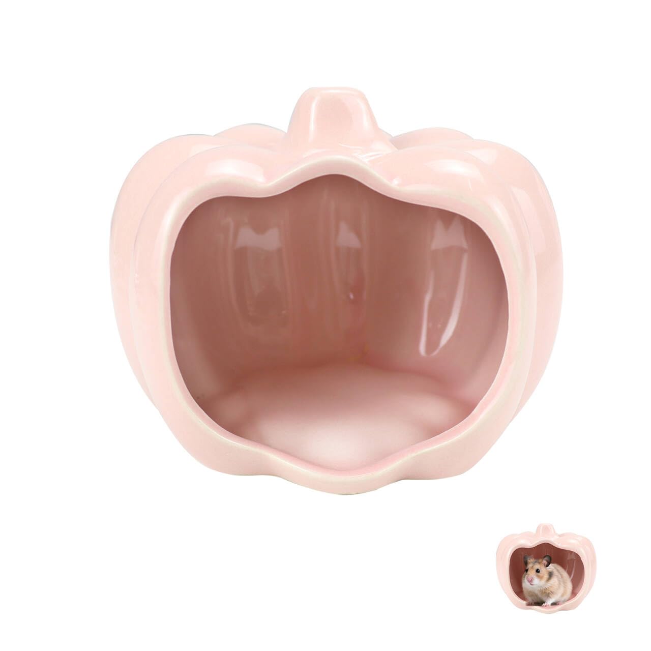 LuckyOpt Pumpkin Shaped Ceramic Hamster Hideout, Cooling Easy Clean Non-Slip Hamster House Cave, Small Animal Habitat for Dwarf Hamsters, Gerbils, Fancy Mice (Pink)