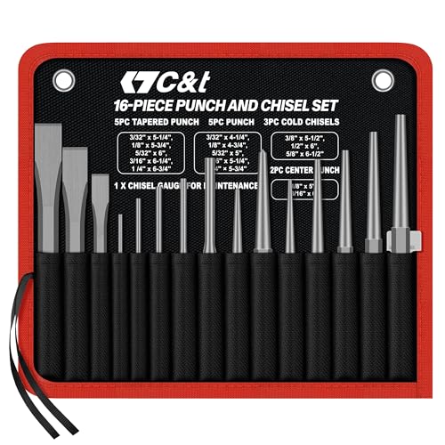 C&T 16-Piece Punch and Chisel Set with Storage Pouch, Including Taper Punch, Cold Chisels, Pin, Center Punch, Chrome Vanadium Steel