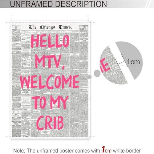 Image of Drimiler Retro Hello Mtv Welcome To My Crib Posters Pink Font Newspaper Canvas Wall Art Positive Affirming 70'S Room Aesthetic Prints Painting For Home Bedroom Dorm Wall Decor 8x12in Unframed
