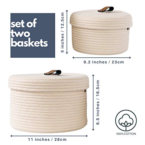 Denja & Co Round Baskets With Lids - Set Of 2 Decorative Baskets With Lids For Organizing - Natural Cotton Rope Lidded Baskets With Genuine Leather Tabs And Handles - Storage Baskets With Lids #TOP2