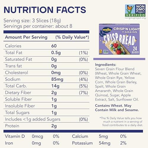 Wasa Crisp’n Light 7 Grains Crispbread, 4.9 oz (Pack of 4), Crackers, Non-GMO Ingredients, 7 Grain Blend, 20 Calories per Slice - Thumbnail 6