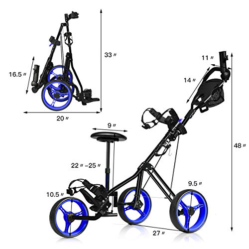 Gymax Golf Cart, Foldable 3 Wheel Golf Push Cart With Detachable Seat, Umbrella Holder & Scoreboard, Portable Lightweight Golf Pull Cart, Golf Bag Trolley For Golf Clubs (Navy) #TOP6