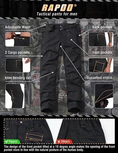 Rapoo Cargo Pants for Men Water Resistant Hiking Work Tactical Military Army Casual Pants for Men Many Pockets Mens Ripstop Lightweight Construction Carpenter Pants Black 30Wx32L - 5
