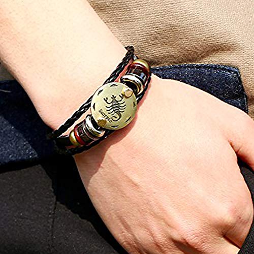 Image of Young & Forever Zodiac Sign Multi-Strand Genuine Leather Bracelet for Men & Boys - Adjustable Tribal Wristband with Antique Metal Charm