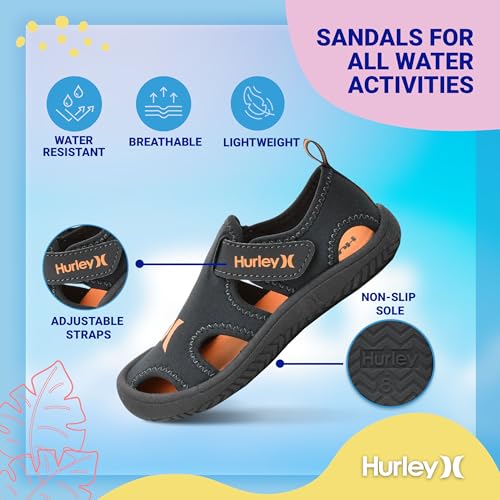 Image of Hurley Kona Toddler Water Shoes - Beach Essentials, Girls and Boys Closed Toe Sandals, Lightweight, Breathable, Kids Water Shoes with Non-Slip Sole and Adjustable Straps, Outdoor Toddler Swim Shoes