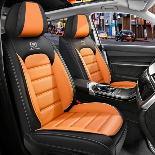 Image of Full Set Car Seat Covers for Jeep Compass 2007-2026, Waterproof Stain-Resistant Seat Cover, Premium Nappa Leather Seat Protectors with Storage Pockets(Standard 5 Seats /Black&Orange)