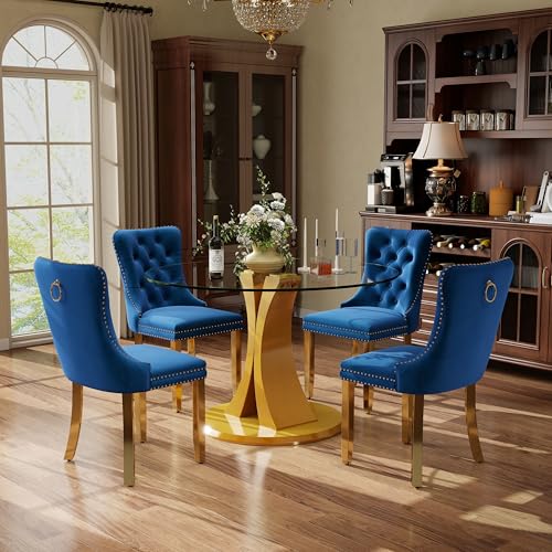 Image of 5-Piece Dining Table Set with 39In Tempered Glass Table and 4 Velvet Upholstered Chairs, Modern Scandinavian Furniture for Dining Room Kitchen(Blue&Gold)