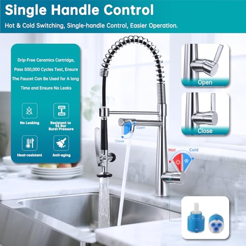 Image of Copper Kitchen Faucet, Solid Brass Brushed Nickel Kitchen Faucet, Heavy Duty Spring Pre-Rinse Single Handle Kitchen Faucets with Pull Down Sprayer and Pot Filler, Commercial Style Sink Faucet