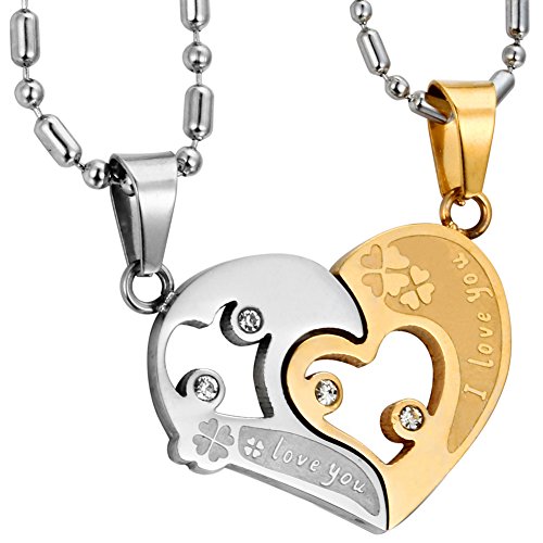 Collier Homme et Femme Acier Inoxydable pendentif couple amoureux trèfle 2 pcs