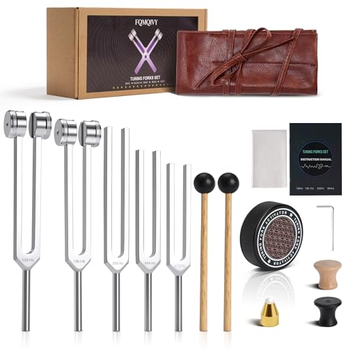 FQMQIVY Tuning Forks for Healing Set - 128Hz 136.1Hz 256Hz 384Hz 432Hz Weighted & Unweighted Tuning Forks with Vegan Leather Pouch & Activator 128 Hz Tuning Fork for Chakra Yoga Meditation & Gift
