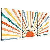 Boho Wall Art Set of 3 Sun Wall Decor Framed Canvas Wall Art Mid-Century Modern Rainbow Red Sun Risi