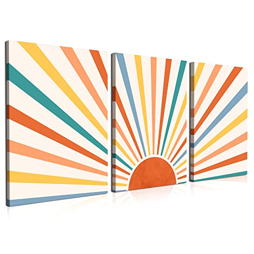 Boho Wall Art Set Of 3 Sun Wall Decor Framed Canvas Wall Art Mid-Century Modern Rainbow Red Sun Rising On The Horizon Boho Wall Decor For Bathroom, Bedroom, Living Room, Office 12 * 16Inch #TOP2
