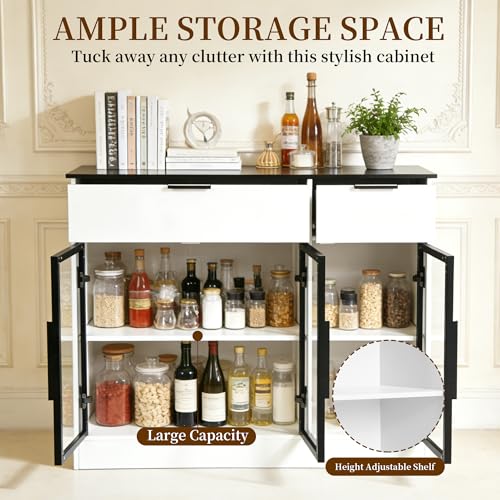 Image of Buffet Cabinet with Drawers, Buffet Storage Cabinet with Transparent Glass Doors, Kitchen Supplies Storage Cabinet, Wooden Coffee Bar Table for Dining Room,Living Room Entrance, White