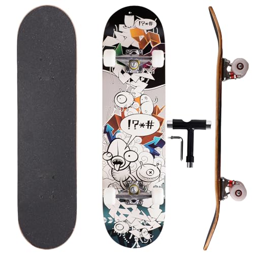 Image of Cartoon Professional Double Kick Skateboard, 31 inch Maple Deck, ABEC-9 Bearings, 95A PU Wheels