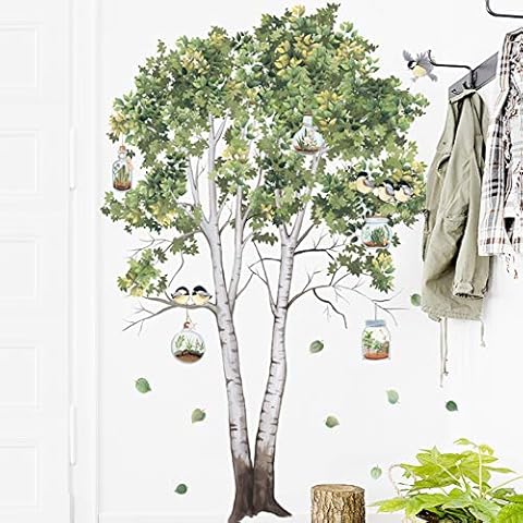 Tropical Plants Large Tree Wall Sticker with Flying Birds, Removable Pastoral Style Fruit Tree Birdcage Hanging Basket Decals Decor, DIY Art Murals for Nursery Bedroom Living Room Decoration (B) Cover