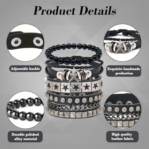 Image of GUSTAVE Bracelet for Man Punk Rock Studded Bracelets Black Leather Cuff Bracelet for Men Women Adjustable Goth Bracelets 80s Retro Style Wristband Halloween Party Accessories