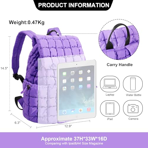 Quilted Travel Duffle Bag Gym Bag&Quilted Backpack Purse for Women,Large Puffer Duffle Weekender Bag Lightweight Puffer Puffy College Laptop Backpack with Compartment for Travel Gym Airplane(Purple)3