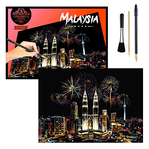 H HOMEWINS Scratch Paper Dibujos de Rascar Manualidades Rascar Pintura Cojín del Arte 405 x 285 MM Monumentos de fama Mundial Mural DIY Art Drawing City (Kuala Lumpur) Cover