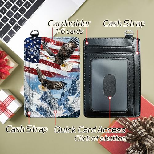 Image of Small Travel Wallets, Eagle Iceberg American Flag Slim Minimalist Front Pocket Wallet with Wristlet, RFID Blocking PU Leather Credit Card Holder with ID Window Change Purse for Men Women