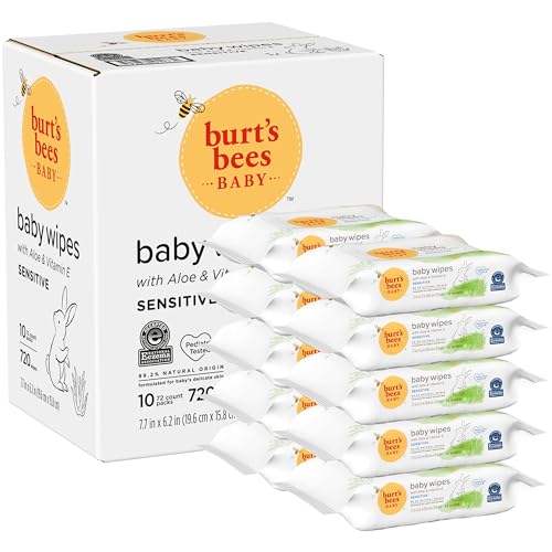 Image of Burt's Bees Baby Wipes, Unscented Towelettes for Sensitive Skin, Hypoallergenic & Non-Irritating, All Natural with Soothing Aloe & Vitamin E, Fragrance Free, 72 count ( Pack of 10)
