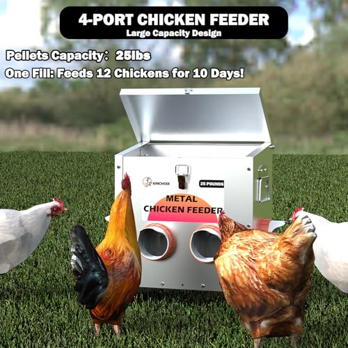 Metal Chicken Feeder Large Capacity 25lbs Automatic Metal Chicken Feeders No Waster Weatherproof Poultry Feeder for Chickens, Geese, Ducks, Turkeys (4-Port)