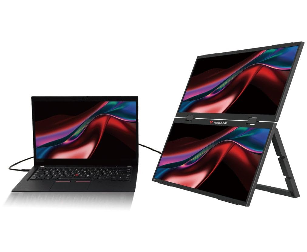 Verbatim PMT-15, podwójny przenośny monitor z dwoma ekranami 15,6", mobilny ekran Full HD z tworzywa sztucznego do laptopa, tabletu, smartfona, PS5, Nintendo Switch z 2 x USB-C i złączem HDMI