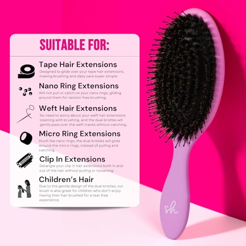 Simply Hair Ultimate Hair Extension Brush & Detangler Anti-Static, Dual Bristle Design, Soft Boar Bristle, Great for All Hair Types & Extensions - Pink & Purple Ombre Brush Ideal for Adults & Kids - Image 3