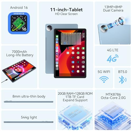 Image of Tablet 11 inch Android 16 Tablet, 2026 Update 128GB ROM 20GB RAM, 4G LTE Tablets, 5G WiFi+Cellular, Octa-Core MTK8786, 13+8 MP Rear and Front Camera,Incell FHD Screen, T-Mobile SIM Card Support