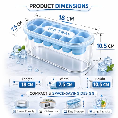 Image of Amazon Brand - Solimo 2 in 1 Ice Cube Tray & Storage Bin with Lid, Stackable Ice Maker Container for Freezer, Flexible Silicone Easy-Release Ice Maker Mold for Cocktails, Mocktails, Detox, 12 Cubes