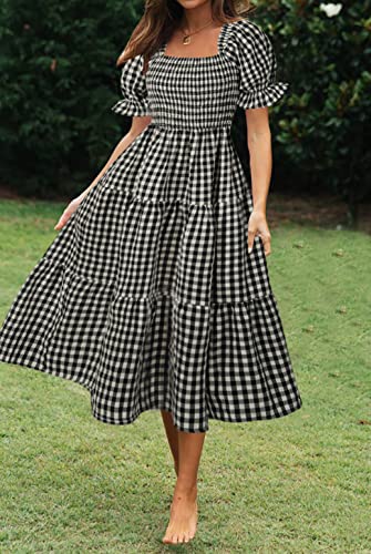 Image of ZESICA Women's 2026 Boho Summer Dresses Gingham Puff Sleeve Square Neck Flowy Beach Midi Dress