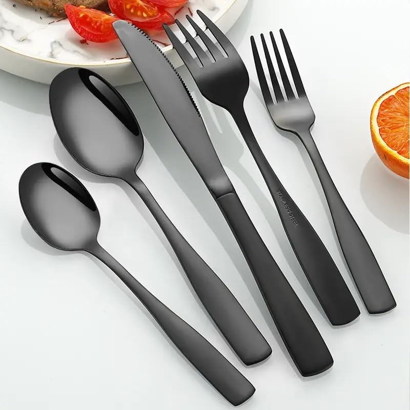 Image of aDai Premium Cutlery Set | Stainless Steel Tableware | Mirror Finish | Includes Spoon Fork Knife & Teaspoon | Elegant Flatware Set for Dining, Parties & Gifting (Black, Set of 20)