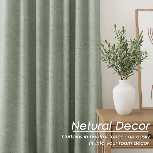 Image of Desert Sage 100% Blackout Linen Curtains 108 Inches Long for Bedroom Back Tab Thermal Insulated Modern Farmhouse Decor Black Out Curtain for Living Room Floor to Ceiling High Window 52x108, 2 Panels