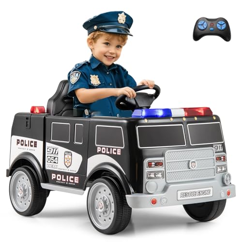 Costzon Ride on Police Car, 12V Battery Powered Electric Cop Cars for Kids w/3 Speeds, Megaphone, Music, FM Radio, Flashing Lights, Sirens, Ride on Toy w/Remote Control for Boys Girls 3+(Police Truck)