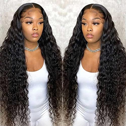 Pizazz 13x4 Glueless Lace Front Wigs Human Hair Pre Plucked With Baby Hair 9A Brazilian Deep Wave Human Hair Wigs for Women 180% Density HD Transparent Lace Wig (30 Inch, Black color)