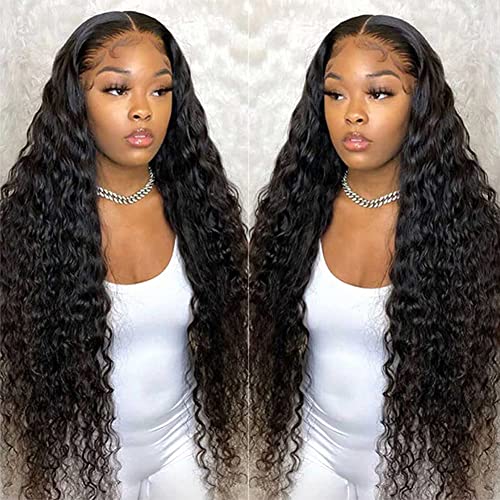 Pizazz 30 Inch Lace Front Wigs Human Hair Pre Plucked With Baby Hair 12A Brazilian Deep Wave HD Transparent Lace Wig for Women (30 Inch Black color)