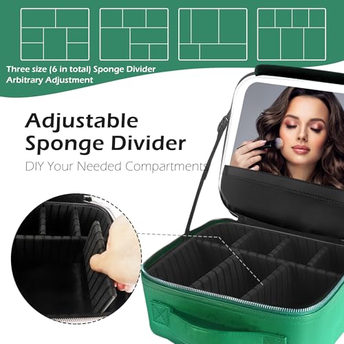 Image of MOMIRA Travel Makeup Bag Cosmetic Bag Makeup Organizer Bag with Lighted Mirror, Adjustable Brightness in 3 Color Scenarios, Waterproof Makeup Train Case, Gift for Women - Fresh Green(Woven)