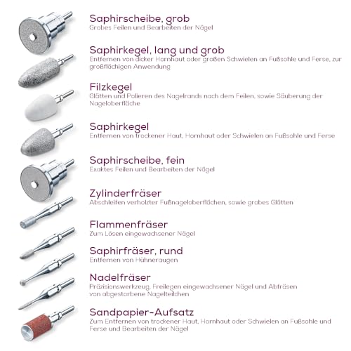 Beurer MP 62 Maniküre-/ Pediküre-Set, elektrische Nagelfeile mit 10 hochwertigen Nagelpflege-Aufsätzen, LED Licht, Nagelfräser mit stufenloser Geschwindigkeitsregelung, mit Aufbewahrungstasche, Weiß