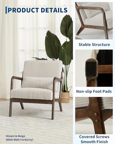 Garvee Mid-Century Chenille Accent Chair, Cozy Reading Chair, Modern Lounge Armchair with Lumbar Pillow, Solid Wood Frame, for Living Room, Bedroom, Office, Beige - Image 4