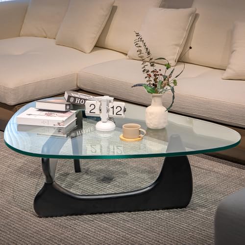 Rimdoc Triangle Glass Coffee Table Modern Coffee Table, Vintage Glass, and Wood End Table, Solid...