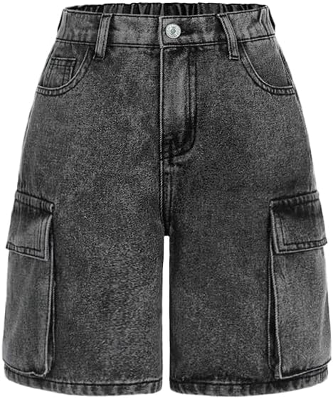 Nivne Tco Tween Girls' Cargo Denim Shorts Casual High Waist Button & Zipper Fly Vintage Washed Black Wide Leg Jean Shorts