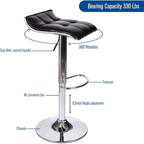 Miniatura 5 de Juego de 2 taburetes de bar, taburetes de bar giratorios ajustables de gas, piel sintética con base cromada, color negro